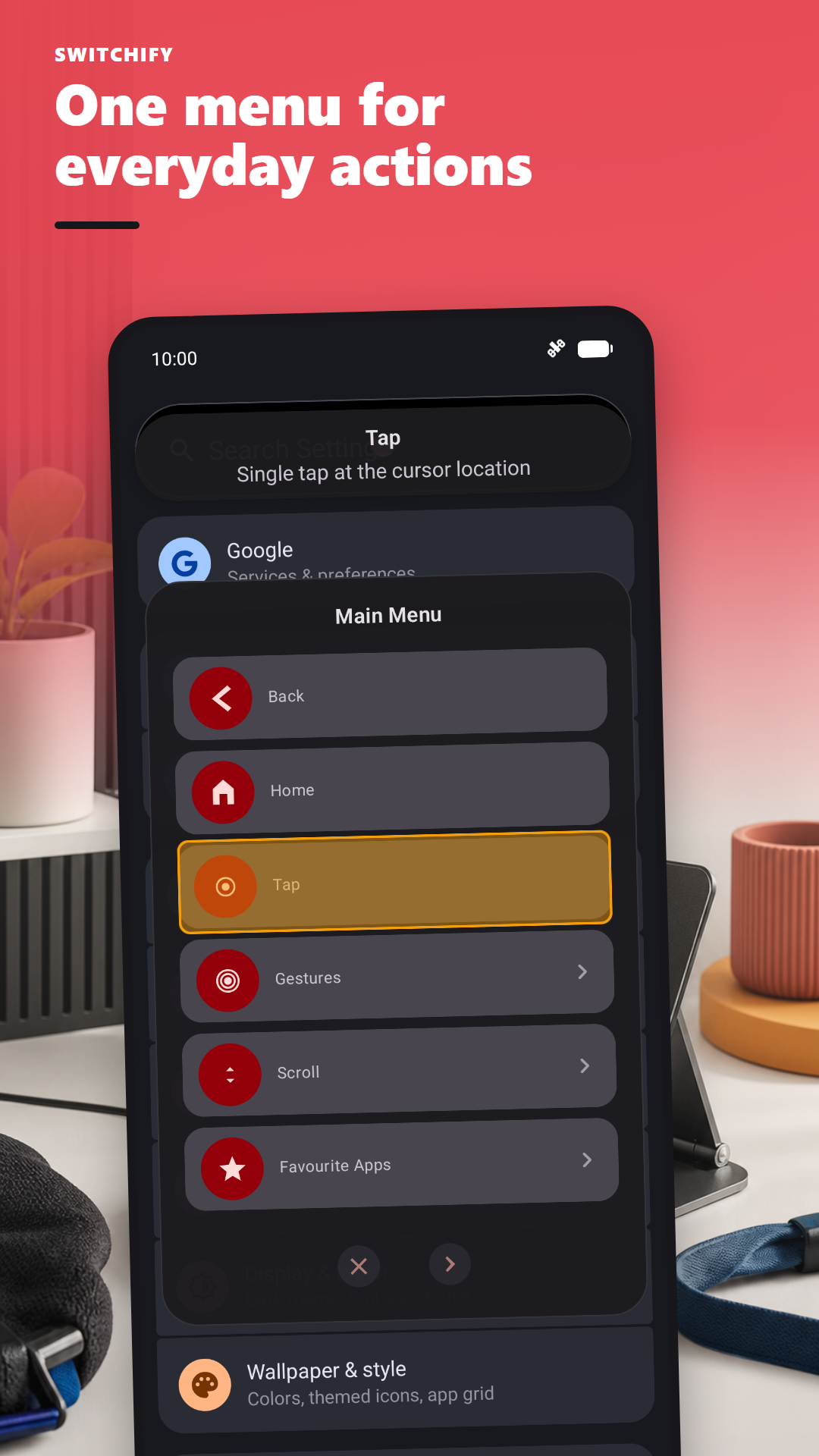 The Switchify main menu with Tap highlighted, alongside Back, Home, Gestures, Scroll, and Favourite Apps.