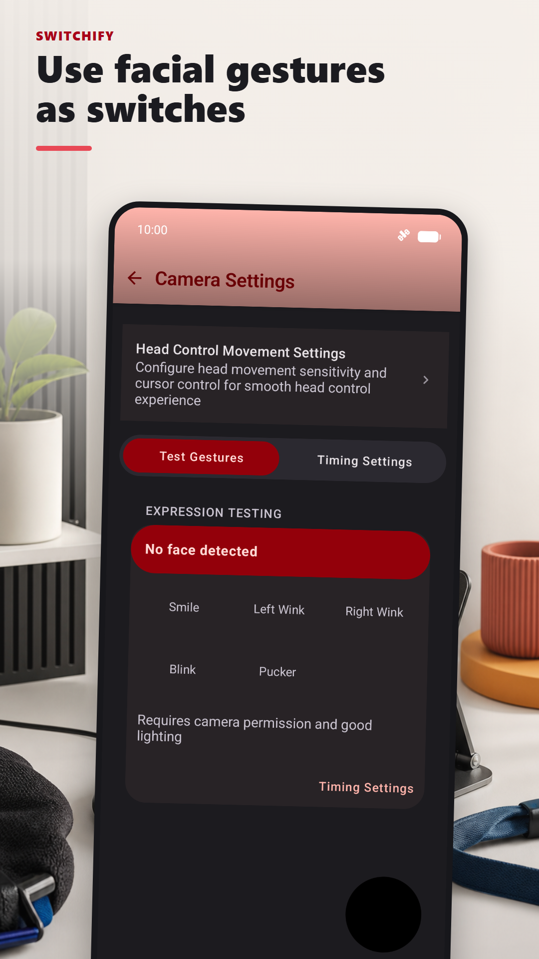 Switchify camera settings for testing facial gestures such as smile, left wink, right wink, blink, and pucker.