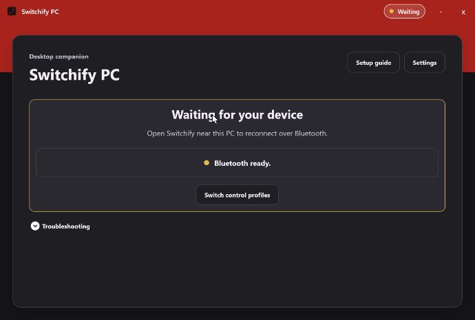 Switchify PC ready for an Android device, with Bluetooth ready and switch profiles available.
