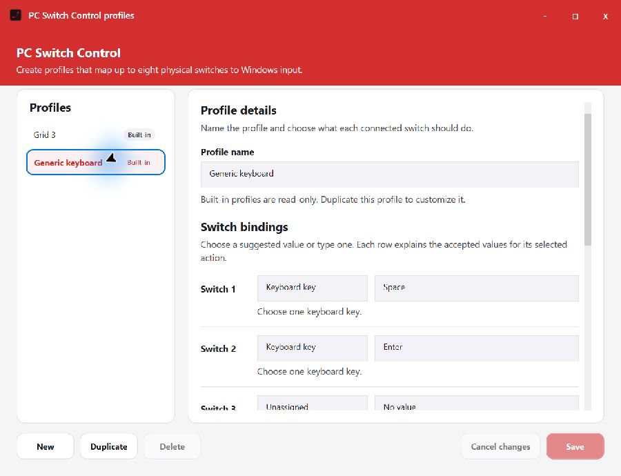 Switchify PC's profile manager with the built-in Grid 3 and Generic keyboard profiles.