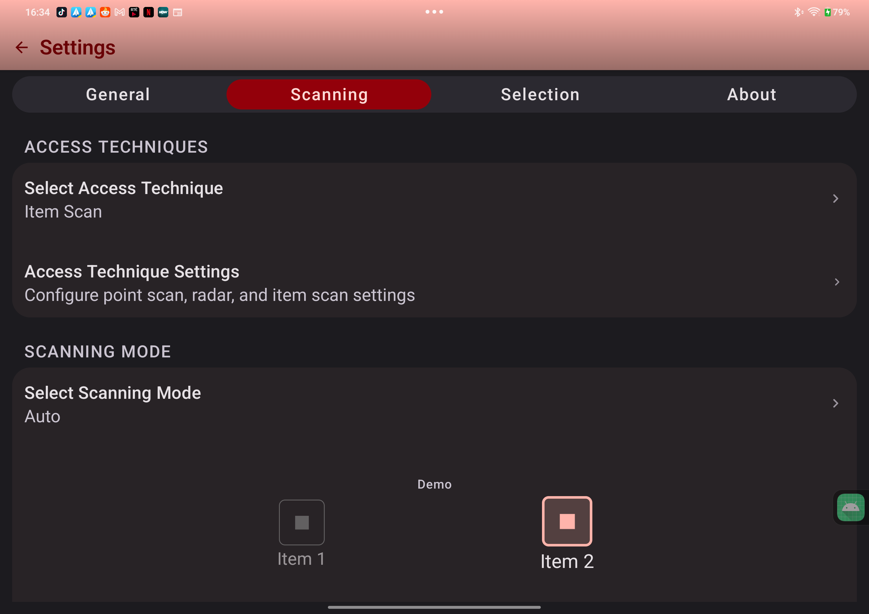 Switchify's Scanning settings on a tablet, showing the access technique, scanning mode, and a live item-scan demo.