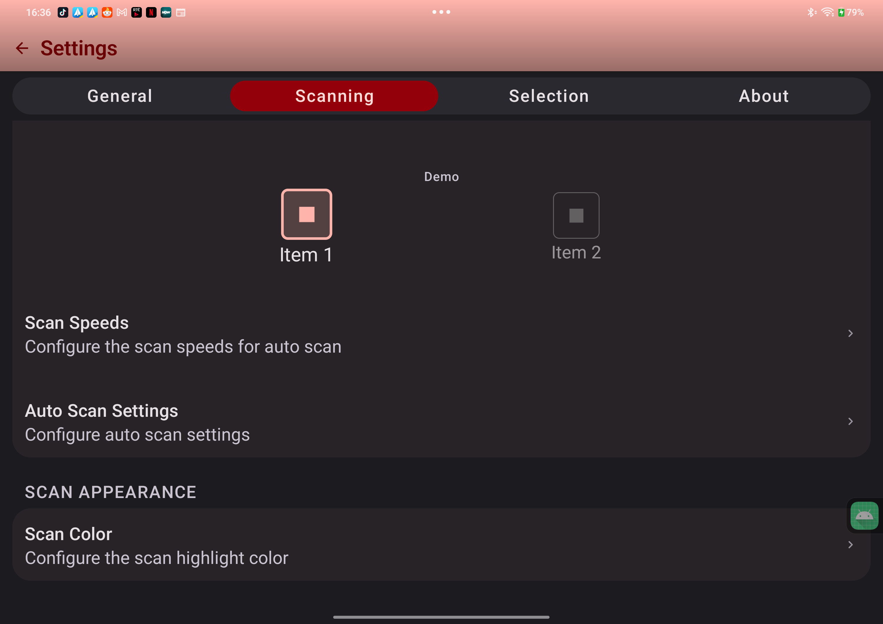 Switchify scan appearance settings showing a highlighted demo target and the Scan Color option.
